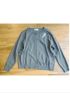 LA Villa Milano Embellished Scalloped Crewneck Buttondown Cardigan Sage Large